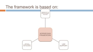 The framework is based on:
NORWEGIAN
FRAMEWORK
MANDATOY IN
EDUCATIONAL
SYSTEM
LAW
SUPPORT
SPECIFIC
DEVELOPMENT
FOR TEACHERS
 