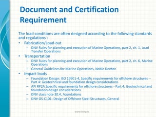 Document and Certification
Requirement
The load conditions are often designed according to the following standards
and regulations :
• Fabrication/Load-out
– DNV Rules for planning and execution of Marine Operations, part 2, ch. 1, Load
Transfer Operations
• Transportation
– DNV Rules for planning and execution of Marine Operations, part 2, ch. 6, Marine
Operations
– General Guidelines for Marine Operations, Noble Denton
• Impact loads
– Foundation Design: ISO 19901-4, Specific requirements for offshore structures --
Part 4: Geotechnical and foundation design considerations
– API RP2A Specific requirements for offshore structures - Part 4: Geotechnical and
foundation design considerations
– DNV class note 30.4, Foundations
– DNV OS-C101: Design of Offshore Steel Structures, General
www.finity.no
 