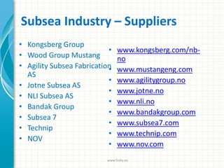 Subsea Industry – Suppliers
• Kongsberg Group
• Wood Group Mustang
• Agility Subsea Fabrication
AS
• Jotne Subsea AS
• NLI Subsea AS
• Bandak Group
• Subsea 7
• Technip
• NOV
• www.kongsberg.com/nb-
no
• www.mustangeng.com
• www.agilitygroup.no
• www.jotne.no
• www.nli.no
• www.bandakgroup.com
• www.subsea7.com
• www.technip.com
• www.nov.com
www.finity.no
 