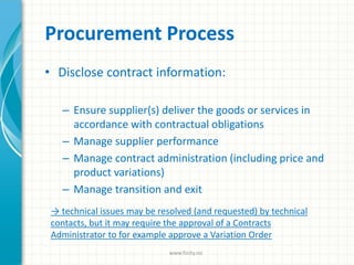 Procurement Process
• Disclose contract information:
– Ensure supplier(s) deliver the goods or services in
accordance with contractual obligations
– Manage supplier performance
– Manage contract administration (including price and
product variations)
– Manage transition and exit
→ technical issues may be resolved (and requested) by technical
contacts, but it may require the approval of a Contracts
Administrator to for example approve a Variation Order
www.finity.no
 