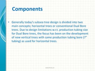 Components
• Generally today’s subsea tree design is divided into two
main concepts; horizontal trees or conventional Dual Bore
trees. Due to design limitations w.r.t. production tubing size
for Dual Bore trees, the focus has been on the development
of new vertical trees with same production tubing bore (7”
tubing) as used for horizontal trees.
www.finity.no
 