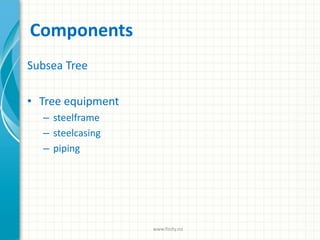 Components
Subsea Tree
• Tree equipment
– steelframe
– steelcasing
– piping
www.finity.no
 