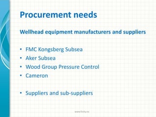 Procurement needs
Wellhead equipment manufacturers and suppliers
• FMC Kongsberg Subsea
• Aker Subsea
• Wood Group Pressure Control
• Cameron
• Suppliers and sub-suppliers
www.finity.no
 