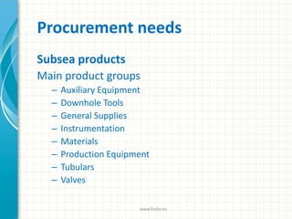 Procurement needs
Subsea products
Main product groups
– Auxiliary Equipment
– Downhole Tools
– General Supplies
– Instrumentation
– Materials
– Production Equipment
– Tubulars
– Valves
www.finity.no
 