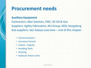 Procurement needs
Auxiliary Equipment
Contractors: Aker Solution, FMC, GE Oil & Gas
Suppliers: Agility Fabrication, NLI Group, NOV, Kongsberg
Sub-suppliers: See Subsea overview – end of this chapter
• Communications
• Corrosion Control
• Cutters - Engines
• Handling Tools
• Hoisting
• Hydraulic Power Units
www.finity.no
 