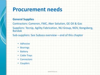 Procurement needs
General Supplies
Contractors: Cameron, FMC, Aker Solution, GE Oil & Gas
Suppliers: Tecnip, Agility Fabrication, NLI Group, NOV, Kongsberg,
Bandak
Sub-suppliers: See Subsea overview – end of this chapter
• Adhesive
• Bearings
• Battery
• Cable Trays
• Connectors
• Couplers
www.finity.no
 