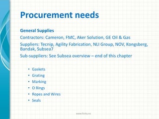 Procurement needs
General Supplies
Contractors: Cameron, FMC, Aker Solution, GE Oil & Gas
Suppliers: Tecnip, Agility Fabrication, NLI Group, NOV, Kongsberg,
Bandak, Subsea7
Sub-suppliers: See Subsea overview – end of this chapter
• Gaskets
• Grating
• Marking
• O Rings
• Ropes and Wires
• Seals
www.finity.no
 
