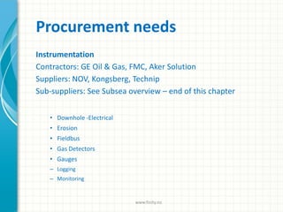 Procurement needs
Instrumentation
Contractors: GE Oil & Gas, FMC, Aker Solution
Suppliers: NOV, Kongsberg, Technip
Sub-suppliers: See Subsea overview – end of this chapter
• Downhole -Electrical
• Erosion
• Fieldbus
• Gas Detectors
• Gauges
– Logging
– Monitoring
www.finity.no
 