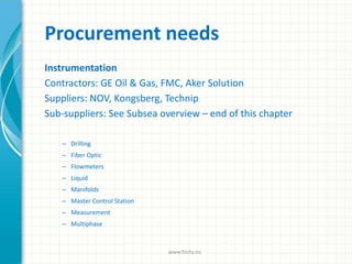 Procurement needs
Instrumentation
Contractors: GE Oil & Gas, FMC, Aker Solution
Suppliers: NOV, Kongsberg, Technip
Sub-suppliers: See Subsea overview – end of this chapter
– Drilling
– Fiber Optic
– Flowmeters
– Liquid
– Manifolds
– Master Control Station
– Measurement
– Multiphase
www.finity.no
 