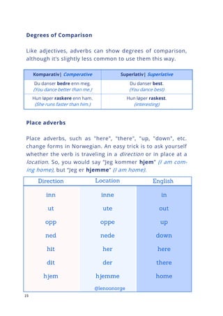 23
Degrees of Comparison
Like adjectives, adverbs can show degrees of comparison,
although it’s slightly less common to use them this way.
Komparativ| Comperative Superlativ| Superlative
Du danser bedre enn meg.
(You dance better than me.)
Du danser best.
(You dance best)
Hun løper raskere enn ham.
(She runs faster than him.)
Hun løper raskest.
(interesting)
Place adverbs
Place adverbs, such as "here", "there", "up, "down", etc.
change forms in Norwegian. An easy trick is to ask yourself
whether the verb is traveling in a direction or in place at a
location. So, you would say “Jeg kommer hjem” (I am com-
ing home), but “Jeg er hjemme” (I am home).
 