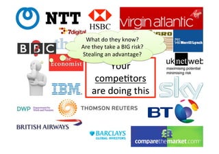 Why	
  be	
  Agile?	
  
                                      What	
  do	
  they	
  know?	
  
                            One	
  more	
  thing….	
  a	
  BIG	
  risk?	
  	
  
                                     Are	
  they	
  take	
  
                                     Stealing	
  an	
  advantage?	
  

                                                        Your	
  
                                                 compeAtors	
  
                                                are	
  doing	
  this	
  



(c)	
  Allan	
  Kelly	
                      h+p://www.so6warestrategy.co.uk	
                 16	
  
 