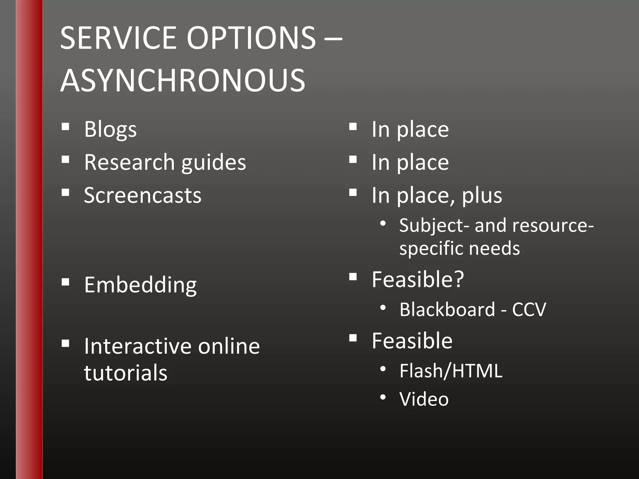 SERVICE OPTIONS –  ASYNCHRONOUS Blogs Research guides Screencasts Embedding Interactive online tutorials In place In place In place, plus Subject- and resource-specific needs Feasible? Blackboard - CCV Feasible Flash/HTML Video 