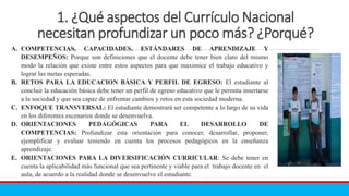 1. ¿Qué aspectos del Currículo Nacional
necesitan profundizar un poco más? ¿Porqué?
A. COMPETENCIAS, CAPACIDADES, ESTÁNDARES DE APRENDIZAJE Y
DESEMPEÑOS: Porque son definiciones que el docente debe tener bien claro del mismo
modo la relación que existe entre estos aspectos para que maximice el trabajo educativo y
lograr las metas esperadas.
B. RETOS PARA LA EDUCACION BÁSICA Y PERFIL DE EGRESO: El estudiante al
concluir la educación básica debe tener un perfil de egreso educativo que le permita insertarse
a la sociedad y que sea capaz de enfrentar cambios y retos en esta sociedad moderna.
C. ENFOQUE TRANSVERSAL: El estudiante demostrará ser competente a lo largo de su vida
en los diferentes escenarios donde se desenvuelva.
D. ORIENTACIONES PEDAGÓGICAS PARA EL DESARROLLO DE
COMPETENCIAS: Profundizar esta orientación para conocer, desarrollar, proponer,
ejemplificar y evaluar teniendo en cuenta los procesos pedagógicos en la enseñanza
aprendizaje.
E. ORIENTACIONES PARA LA DIVERSIFICACIÓN CURRICULAR: Se debe tener en
cuenta la aplicabilidad más funcional que sea pertinente y viable para el trabajo docente en el
aula, de acuerdo a la realidad donde se desenvuelve el estudiante.
 