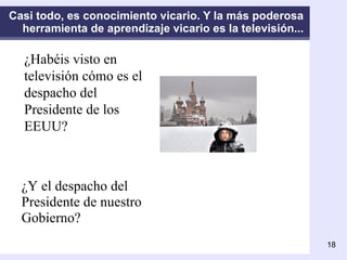 Casi todo, es conocimiento vicario. Y la más poderosa herramienta de aprendizaje vicario es la televisión... ¿Habéis visto en televisión cómo es el despacho del Presidente de los EEUU?   Piensa en Rusia...  ¿Cuánto de eso lo aprendiste en la escuela? ¿Cuánto de eso en la televisión? ¿Y el despacho del Presidente de nuestro Gobierno? 
