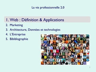 Web : Définition & Applications Marketing  Architecture, Données et technologies L’Entreprise  Bibiblographie La vie professionnelle 2.0 