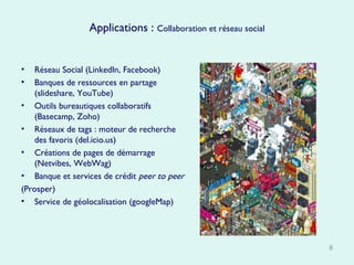 Applications :  Collaboration et réseau social Réseau Social (LinkedIn, Facebook) Banques de ressources en partage (slideshare, YouTube) Outils bureautiques collaboratifs (Basecamp, Zoho)  Réseaux de tags : moteur de recherche des favoris (del.icio.us) Créations de pages de démarrage (Netvibes, WebWag) Banque et services de crédit  peer to peer   (Prosper) Service de géolocalisation (googleMap) 