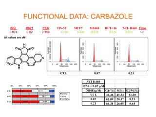 FUNCTIONAL DATA: CARBAZOLE
N
H
N
H
O O
N
G1(%) S(%) G2/M(%)
46.46 41.34 12.20
62.09 28.37 9.53
64.31 26.05 9.64
NCI H460
IC50 = 0.07 M
DOSE(M)
CTL
0.21
0.07
46.46
62.09
64.31
41.34
28.37
26.05
12.20
9.53
9.64
0% 20% 40% 60% 80% 100%
CTL
0.07
0.21
G1(%)
S(%)
G2/M(%)
0.07 0.21CTL
Channels
0 40 80 120 160 200
Number
0100200300400500600
Channels
0 40 80 120 160 200
Number
0200400600800
Channels
0 40 80 120 160 200
Number
0200400600800
ING Rb21 PKA FPr-5T MCF7 MB468 HCT-116 NCI- H460 Flow
0.074 0.02 0.359 0.150 0.600 <0.078 0.126 0.074 G1
All values are uM
 