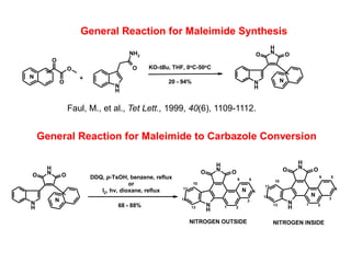 N
H
O
NH2
O
O
O
N
H
N
H
OO
N
H
N
H
OO
N
H
OO
N
H
1
3
4
2
10
11
12
13
56
N
H
OO
N
H
1
3
4
2
10
11
12
13
56
N
N
N
N
N
+
20 - 94%
KO-tBu, THF, 0oC-50oC
DDQ, p-TsOH, benzene, reflux
or
I2, hv, dioxane, reflux
68 - 88%
NITROGEN OUTSIDE NITROGEN INSIDE
General Reaction for Maleimide Synthesis
General Reaction for Maleimide to Carbazole Conversion
Faul, M., et al., Tet Lett., 1999, 40(6), 1109-1112.
 