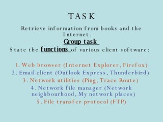 TASK Retrieve information from books and the Internet.  Group task  State the  functions  of various client software:  1. Web browser (Internet Explorer, Firefox) 2. Email client (Outlook Express, Thunderbird)  3. Network utilities (Ping, Trace Route)  4. Network file manager (Network neighbourhood, My network places)   5. File transfer protocol (FTP) 