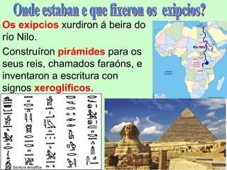 Os exipcios xurdiron á beira do
río Nilo.
Construíron pirámides para os
seus reis, chamados faraóns, e
inventaron a escritura con
signos xeroglíficos.
 