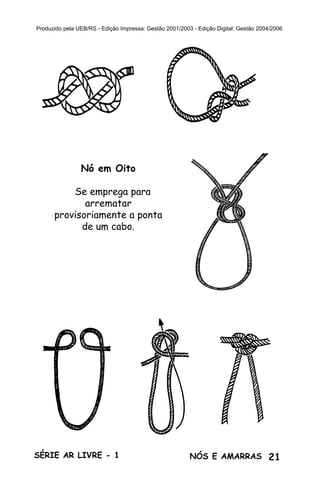 21SÉRIE AR LIVRE - 1 NÓS E AMARRAS
Produzido pela UEB/RS - Edição Impressa: Gestão 2001/2003 - Edição Digital: Gestão 2004/2006
Nó em Oito
Se emprega para
arrematar
provisoriamente a ponta
de um cabo.
 