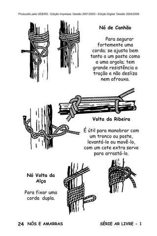 24 SÉRIE AR LIVRE - 1NÓS E AMARRAS
Produzido pela UEB/RS - Edição Impressa: Gestão 2001/2003 - Edição Digital: Gestão 2004/2006
Nó de Canhão
Para segurar
fortemente uma
corda; se ajusta bem
tanto a um poste como
a uma argola; tem
grande resistência a
tração e não desliza
nem afrouxa.
Volta da Ribeira
É útil para manobrar com
um tronco ou poste,
levantá-lo ou movê-lo,
com um cote extra serve
para arrastá-lo.
Nó Volta da
Alça
Para fixar uma
corda dupla.
 
