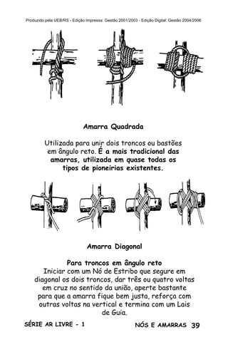 39SÉRIE AR LIVRE - 1 NÓS E AMARRAS
Produzido pela UEB/RS - Edição Impressa: Gestão 2001/2003 - Edição Digital: Gestão 2004/2006
Amarra Diagonal
Para troncos em ângulo reto
Iniciar com um Nó de Estribo que segure em
diagonal os dois troncos, dar três ou quatro voltas
em cruz no sentido da união, aperte bastante
para que a amarra fique bem justa, reforça com
outras voltas na vertical e termina com um Lais
de Guia.
Amarra Quadrada
Utilizada para unir dois troncos ou bastões
em ângulo reto. É a mais tradicional das
amarras, utilizada em quase todas os
tipos de pioneirias existentes.
 