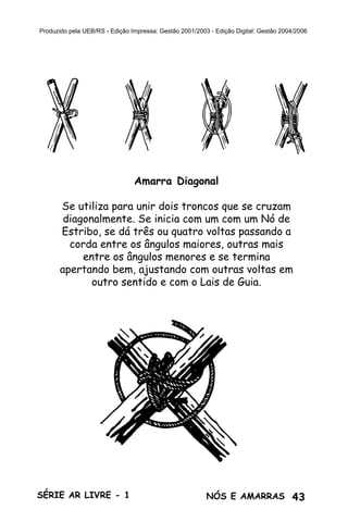 43SÉRIE AR LIVRE - 1 NÓS E AMARRAS
Produzido pela UEB/RS - Edição Impressa: Gestão 2001/2003 - Edição Digital: Gestão 2004/2006
Amarra Diagonal
Se utiliza para unir dois troncos que se cruzam
diagonalmente. Se inicia com um com um Nó de
Estribo, se dá três ou quatro voltas passando a
corda entre os ângulos maiores, outras mais
entre os ângulos menores e se termina
apertando bem, ajustando com outras voltas em
outro sentido e com o Lais de Guia.
 