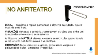 NO ANFITEATRO
NOS BASTIDORES DA OBSESSÃO - PROJETO MANOEL PHILOMENO DE MIRANDA
LOCAL – próximo a região pantanosa e deserta da cidade, pouco
mais de uma hora.
VIBRAÇÕES viscosas e sombrias carregavam os céus que tinha um
tom pardacento-escuro sem estrelas
Anfiteatro de MATÉRIA viscosa e escura semicircular aparentando
velhos circos sob luzes roxas e vermelhas.
EXPRESSÕES faciais horríveis, gritos, expressões vulgares e
palavreados xulos, ambiente irrespirável
PSICOVIBRÔMETRO
NO ANFITEATRO
 