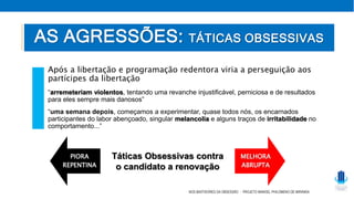 NOS BASTIDORES DA OBSESSÃO - PROJETO MANOEL PHILOMENO DE MIRANDA
Após a libertação e programação redentora viria a perseguição aos
partícipes da libertação
“arremeteriam violentos, tentando uma revanche injustificável, perniciosa e de resultados
para eles sempre mais danosos”
“uma semana depois, começamos a experimentar, quase todos nós, os encarnados
participantes do labor abençoado, singular melancolia e alguns traços de irritabilidade no
comportamento...”
AS AGRESSÕES: TÁTICAS OBSESSIVAS
PIORA
REPENTINA
MELHORA
ABRUPTA
Táticas Obsessivas contra
o candidato a renovação
 
