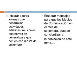    Integrar a otros            Elaborar mensajes
    jóvenes que                  para que los Medios
    desarrollan                  de Comunicación en
    actividades                  el mes de
    artísticas, musicales,       setiembre, puedan
    expresivas en                concientizar a
    general para que
                                la población de este
    actúen ese día 21 de
                                 tema….
    setiembre.
 