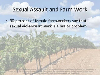 Sexual Assault and Farm Work
• 90 percent of female farmworkers say that
sexual violence at work is a major problem.
This ...
