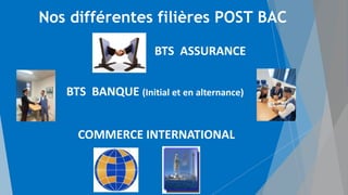 Nos différentes filières POST BAC
BTS ASSURANCE
BTS BANQUE (Initial et en alternance)
BTS COMMERCE INTERNATIONAL