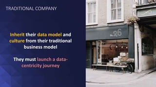 TRADITIONAL COMPANY
Inherit their data model and
culture from their traditional
business model
They must launch a data-
ce...