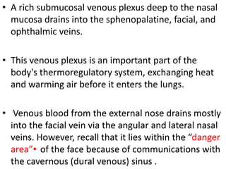 • A rich submucosal venous plexus deep to the nasal
mucosa drains into the sphenopalatine, facial, and
ophthalmic veins.

• This venous plexus is an important part of the
body's thermoregulatory system, exchanging heat
and warming air before it enters the lungs.
• Venous blood from the external nose drains mostly
into the facial vein via the angular and lateral nasal
veins. However, recall that it lies within the “danger
area”• of the face because of communications with
the cavernous (dural venous) sinus .

 