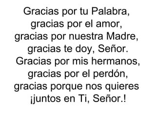 Gracias por tu Palabra,
gracias por el amor,
gracias por nuestra Madre,
gracias te doy, Señor.
Gracias por mis hermanos,
gracias por el perdón,
gracias porque nos quieres
¡juntos en Ti, Señor.!
 