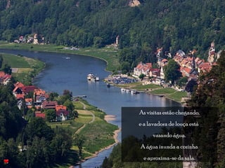 As visitas estão chegando, 
e a lavadora de louça está 
vazando água. 
A água inunda a cozinha 
e aproxima-se da sala. 
 