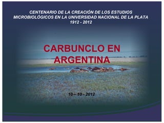 CENTENARIO DE LA CREACIÓN DE LOS ESTUDIOS
MICROBIOLÓGICOS EN LA UNIVERSIDAD NACIONAL DE LA PLATA
                       1912 - 2012




            CARBUNCLO EN
              ARGENTINA


                     10 – 10 - 2012
 