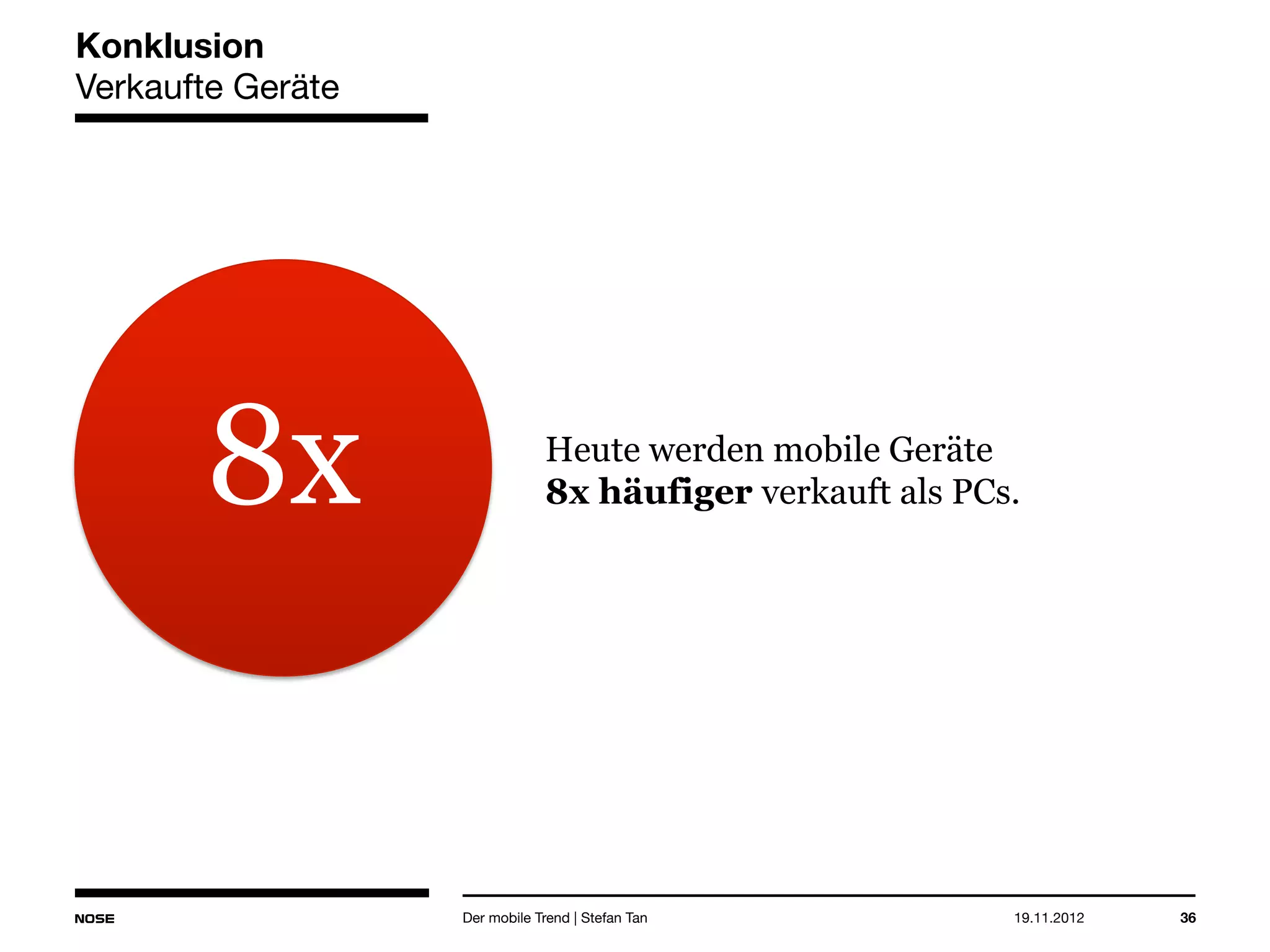 14.05.2013 36
Konklusion
Verkaufte Geräte
Heute werden mobile Geräte
8x häufiger verkauft als PCs.
Der mobile Trend | Stefan Tan
8x
 