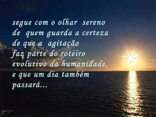 segue com o olhar  sereno 
de  quem guarda a certeza
de que a  agitação
faz parte do roteiro
evolutivo da humanidade,
e que um dia também 
passará...
 