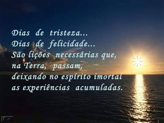 Dias  de  tristeza... 
Dias  de  felicidade... 
São lições  necessárias que,
na Terra,  passam,
deixando no espírito imortal
as experiências  acumuladas.
 
