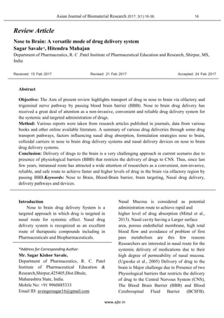 Nose to brain a versatile mode of drug delivery system | PDF