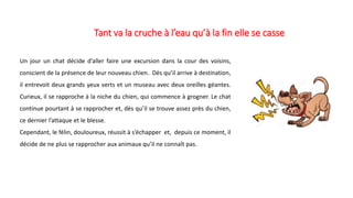 Tant va la cruche à l’eau qu’à la fin elle se casse
Un jour un chat décide d’aller faire une excursion dans la cour des voisins,
conscient de la présence de leur nouveau chien. Dès qu’il arrive à destination,
il entrevoit deux grands yeux verts et un museau avec deux oreilles géantes.
Curieux, il se rapproche à la niche du chien, qui commence à grogner. Le chat
continue pourtant à se rapprocher et, dès qu’il se trouve assez près du chien,
ce dernier l’attaque et le blesse.
Cependant, le félin, douloureux, réussit à s’échapper et, depuis ce moment, il
décide de ne plus se rapprocher aux animaux qu’il ne connaît pas.
 