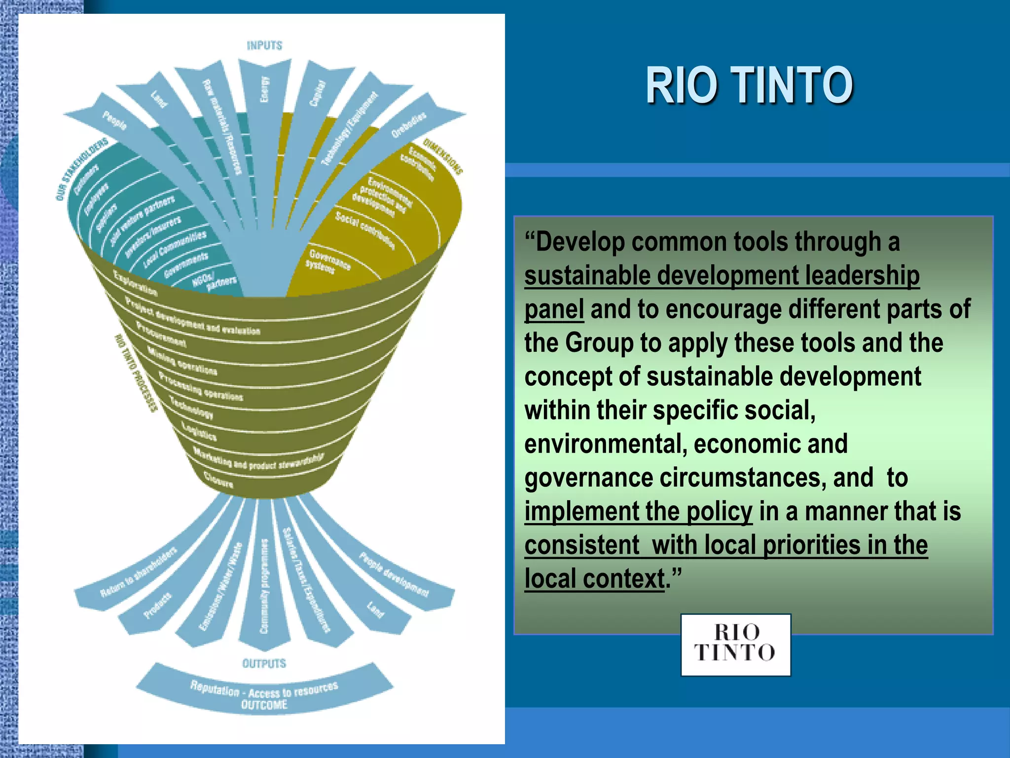 RIO TINTO

“Develop common tools through a
sustainable development leadership
panel and to encourage different parts of
the Group to apply these tools and the
concept of sustainable development
within their specific social,
environmental, economic and
governance circumstances, and to
implement the policy in a manner that is
consistent with local priorities in the
local context.”
 
