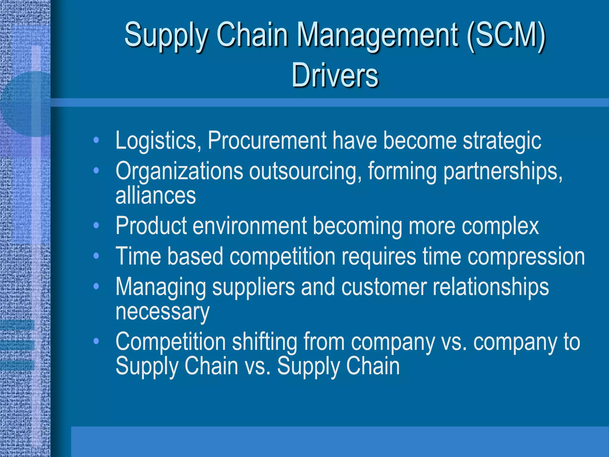Supply Chain Management (SCM)
               Drivers
• Logistics, Procurement have become strategic
• Organizations outsourcing, forming partnerships,
  alliances
• Product environment becoming more complex
• Time based competition requires time compression
• Managing suppliers and customer relationships
  necessary
• Competition shifting from company vs. company to
  Supply Chain vs. Supply Chain
 