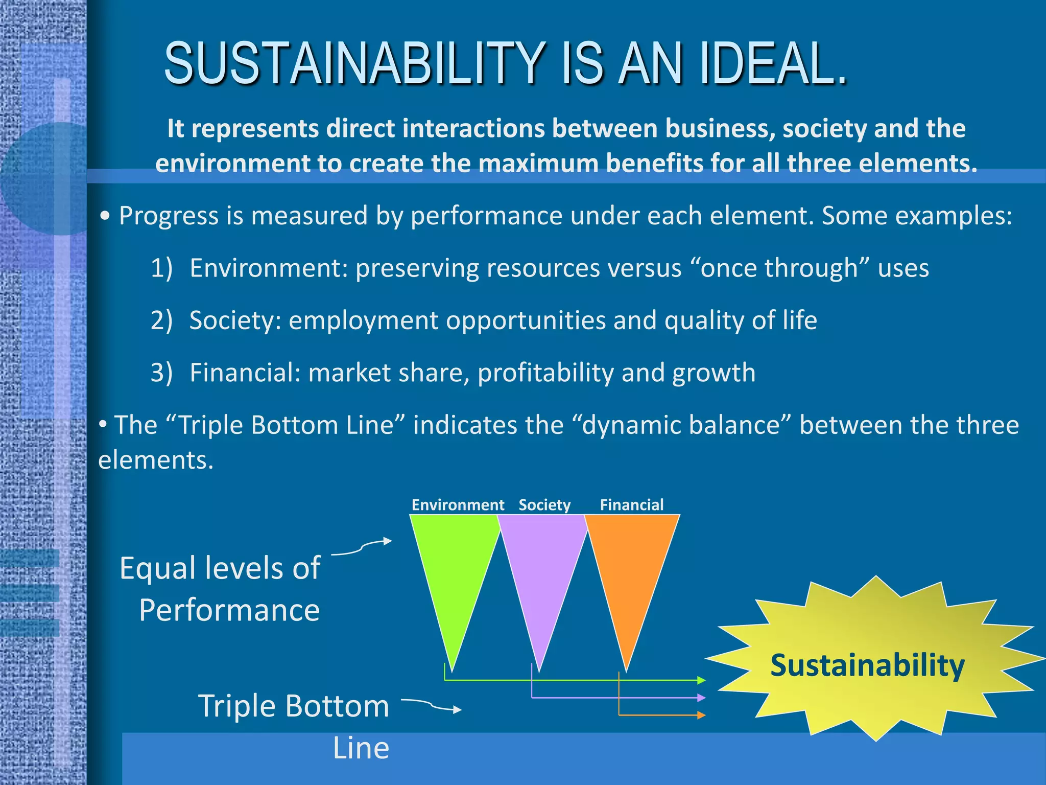 SUSTAINABILITY IS AN IDEAL.
     It represents direct interactions between business, society and the
    environment to create the maximum benefits for all three elements.
• Progress is measured by performance under each element. Some examples:
    1) Environment: preserving resources versus “once through” uses
    2) Society: employment opportunities and quality of life
    3) Financial: market share, profitability and growth
• The “Triple Bottom Line” indicates the “dynamic balance” between the three
elements.
                          Environment Society   Financial


 Equal levels of
  Performance
                                                            Sustainability
        Triple Bottom
                  Line
 