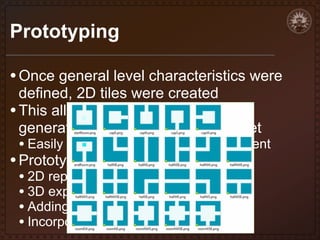 Prototyping
• Once general level characteristics were
defined, 2D tiles were created
• This allowed us to refine both the
generation system and the piece set

• Easily iterate with little asset commitment

• Prototyping stages

• 2D representation
• 3D explorable levels
• Adding the funds
• Incorporating hazards

 