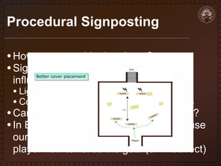 Procedural Signposting
• How can we guide the player?
• Signposting is how designers subtly
influence player perceptions

• Lights under "important" doors
• Cover position suggesting enemy locations

• Can we generate these signs on the fly?
• In EM, we're playing with how we can use

our collectibles and hazards to help the
player flow towards the goal (or misdirect)

 