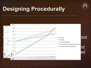 Designing Procedurally
• Test extremes of variables to find your

target start and final level values
• Then build a formula to fill in between point
A and point B
• Linear equations are a good starting point
• Simple linear progression can be tweaked

• For a distinct endgame feel, for example

 