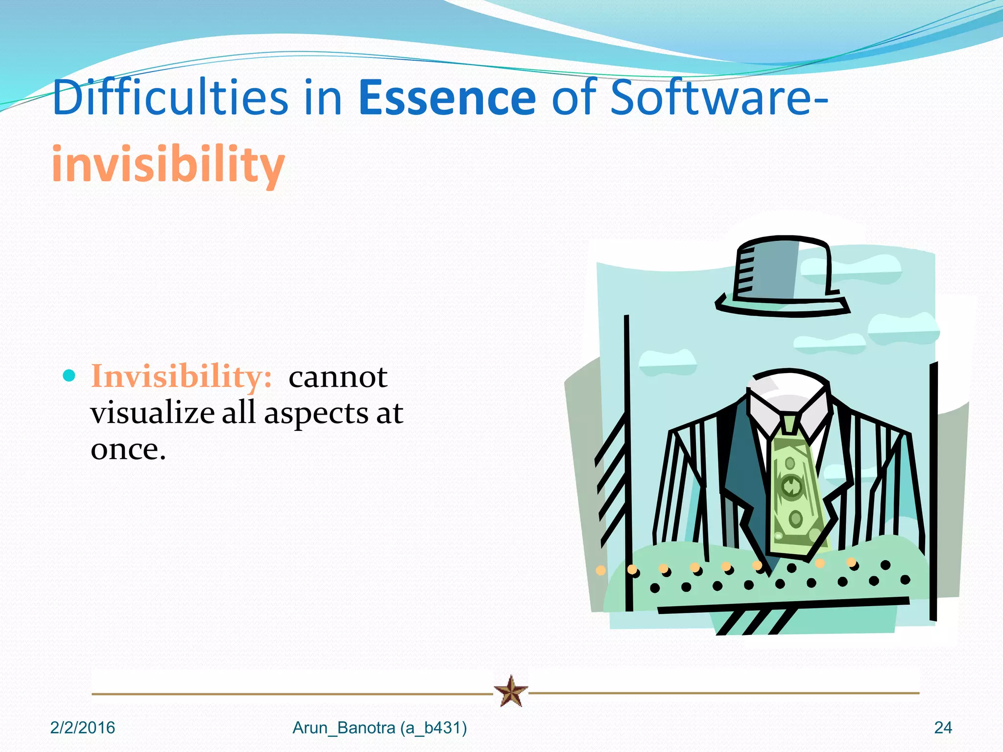 Difficulties in Essence of Software-
invisibility
 Invisibility: cannot
visualize all aspects at
once.
2/2/2016 Arun_Banotra (a_b431) 24
 